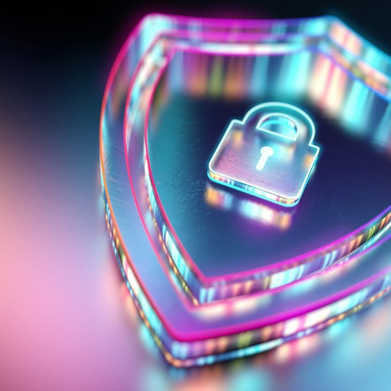 A digital shield icon with a padlock, symbolising online security and protection.