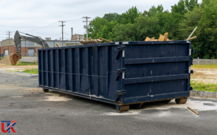 Yellow skip bin with a logo on the side.