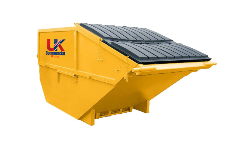 Rear End Loader Yellow commercial dumpster with a black lid.