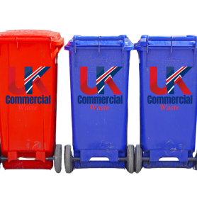 Bins Three wheelie bins in red and blue, featuring the 'UK Commercial Waste logo.